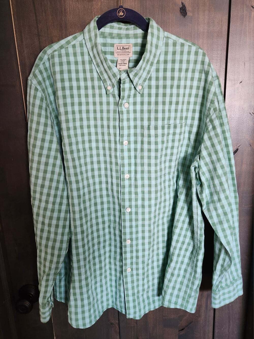LL Bean Traditional Fit Button Down Green Chambray Shirt Men's Size Large